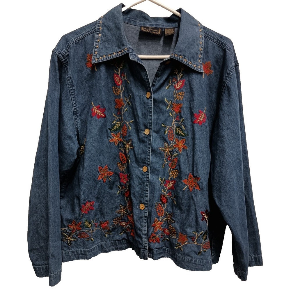 VTG‎ New Directions BOHO Denim Jacket Womens Large Blue Embroidered Wearable Art